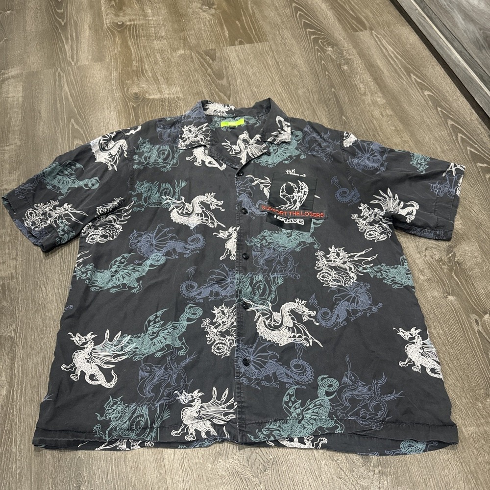 Diesel Black Mens Dragon Print Button Short Sleeve Embroidered Casual Shirt XXL